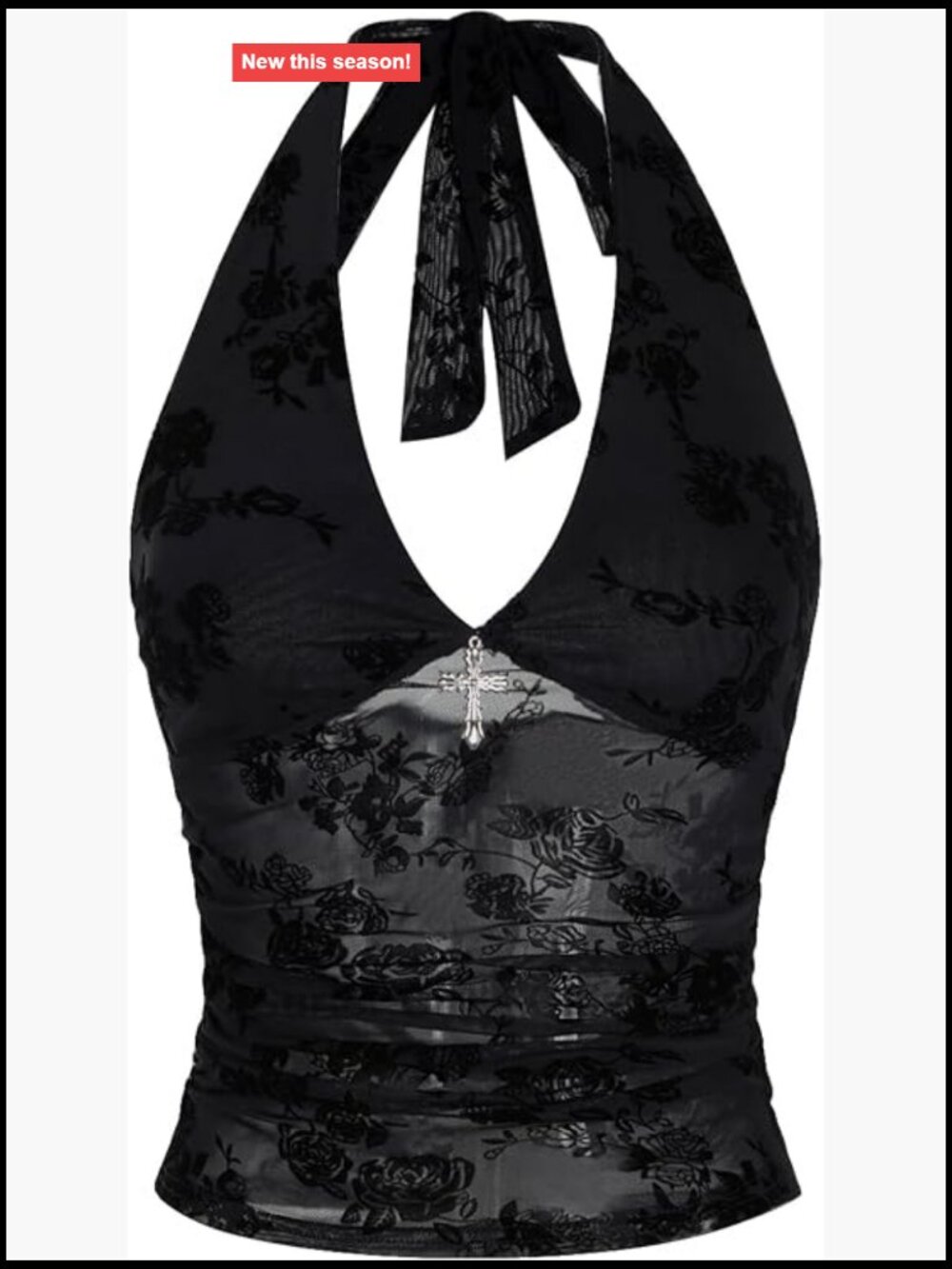 Goth Halter Top Mesh Sheer Y2K Crop Top Tie Back Grunge Rave
